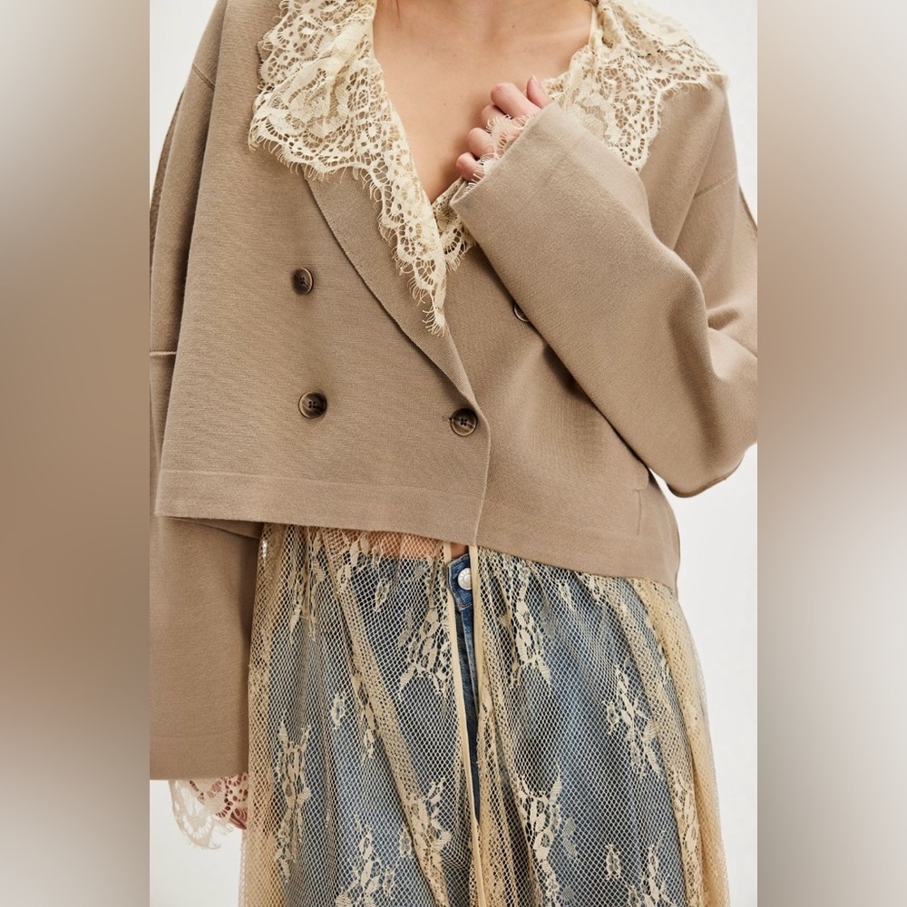 NWT We The Free Sadie Crop Sweater Knit Blazer S Taupe Brown Treehouse - Picture 2 of 12